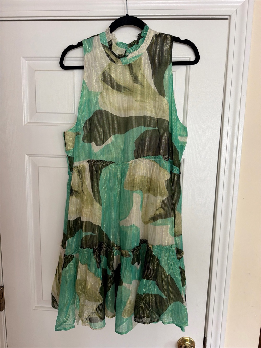 OLIPHANT Sleeveless Ruffle-Neck Dress in Aqua Green Print